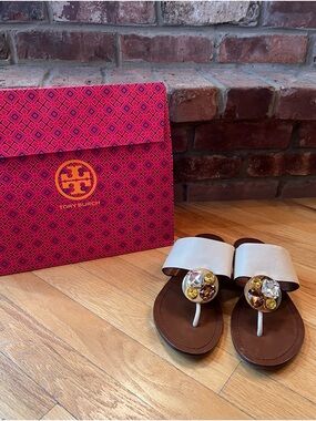 Tory Burch Brown Tan Gold Patos Disk Embellished Sandals